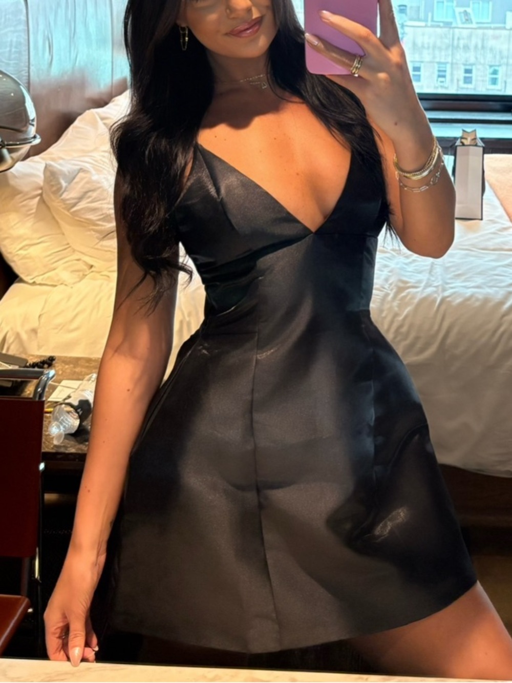 Satin V-Neck Mini Dress in Black